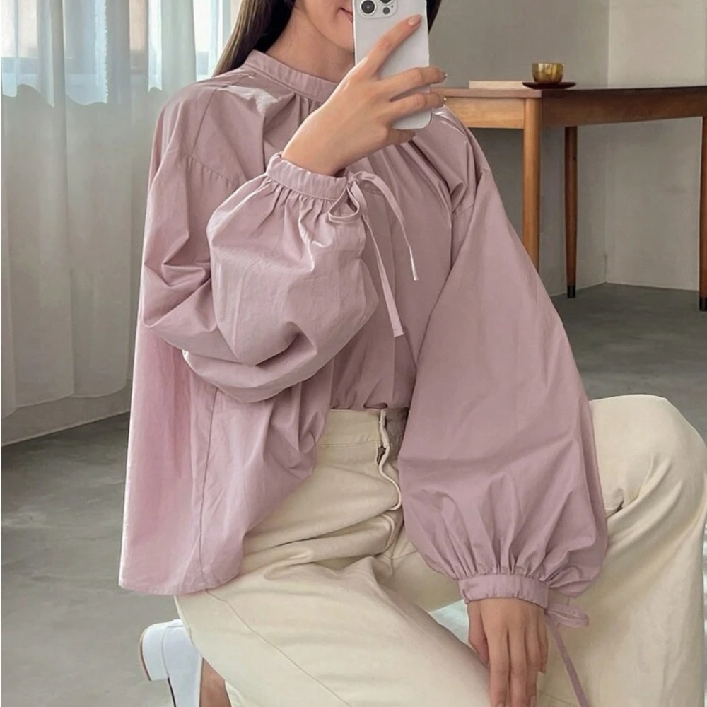 Pink puff sleeve poplin style tie neck top - Picture 6 of 6